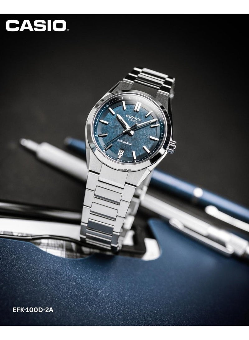 كاسيو Edifice Men’s Automatic Watch EFK‑100YD‑2A, 43.5 mm Blue Textured Dial & Silver Stainless Steel Bracelet, 100 m WR - Image 3